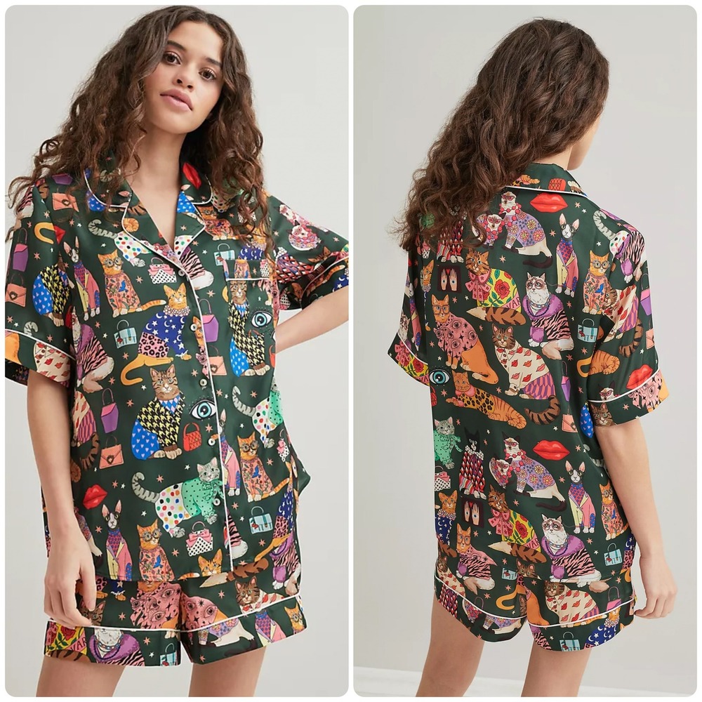 Karen Mabon Women Fashion Cats Whimsical Maximalist Pajama Shorts Set Size L